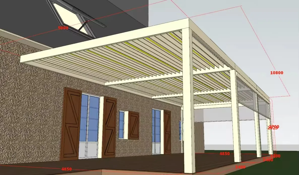 Rendu 3D de la même pergola vue de l’angle avant droit, montrant les trois travées de 3 400 mm et la hauteur de 2 700 mm sous lames.