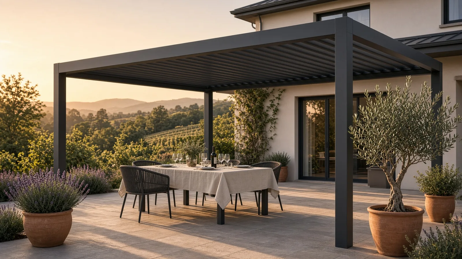 Lames bioclimatiques ouvertes en plein soleil, ombres parallèles projetées sur une terrasse dallée, vue depuis l’intérieur de la structure.