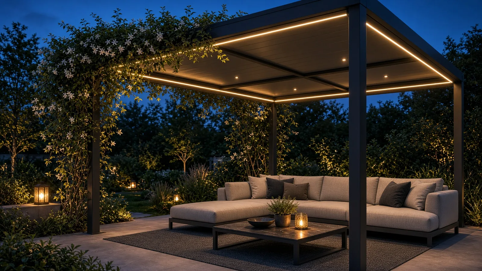 Pergola bioclimatique éclairée au crépuscule, lames fermées au-dessus d’une terrasse dallée.