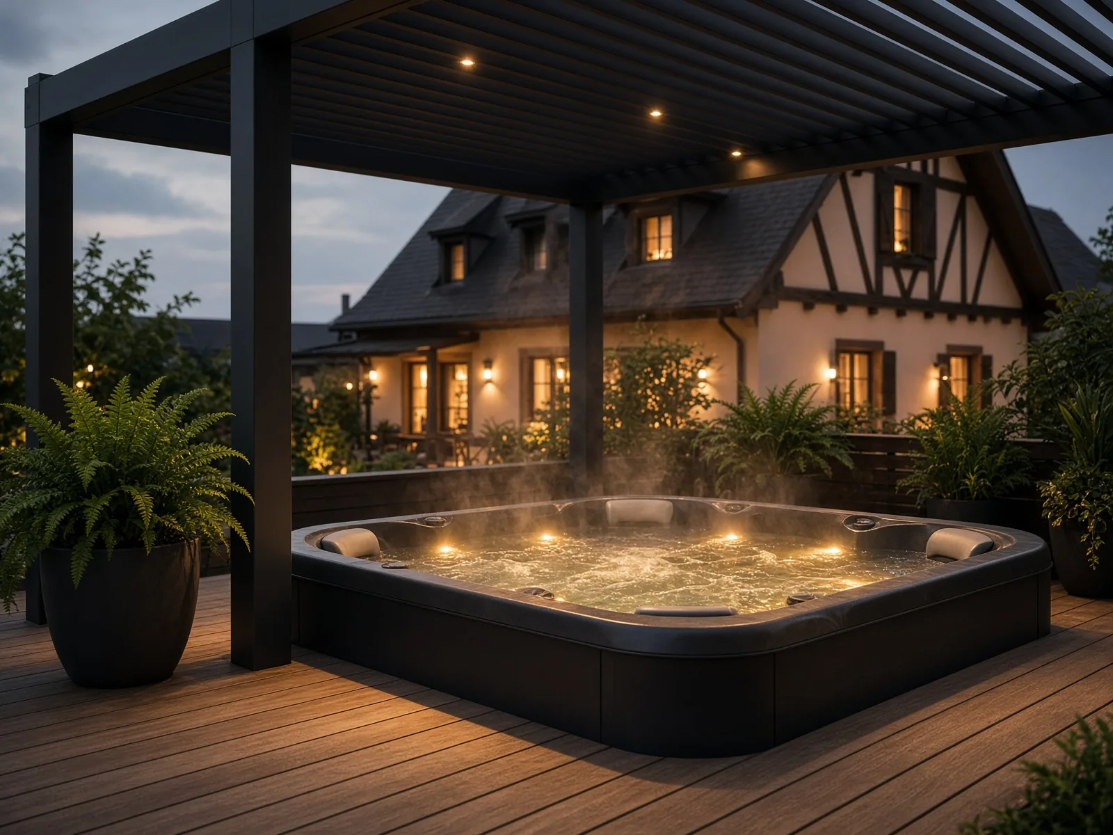 Spa carré gris foncé encadré d’une plage de terrasse dallée sous une pergola anthracite, brise-vue à lames horizontales sur le côté.
